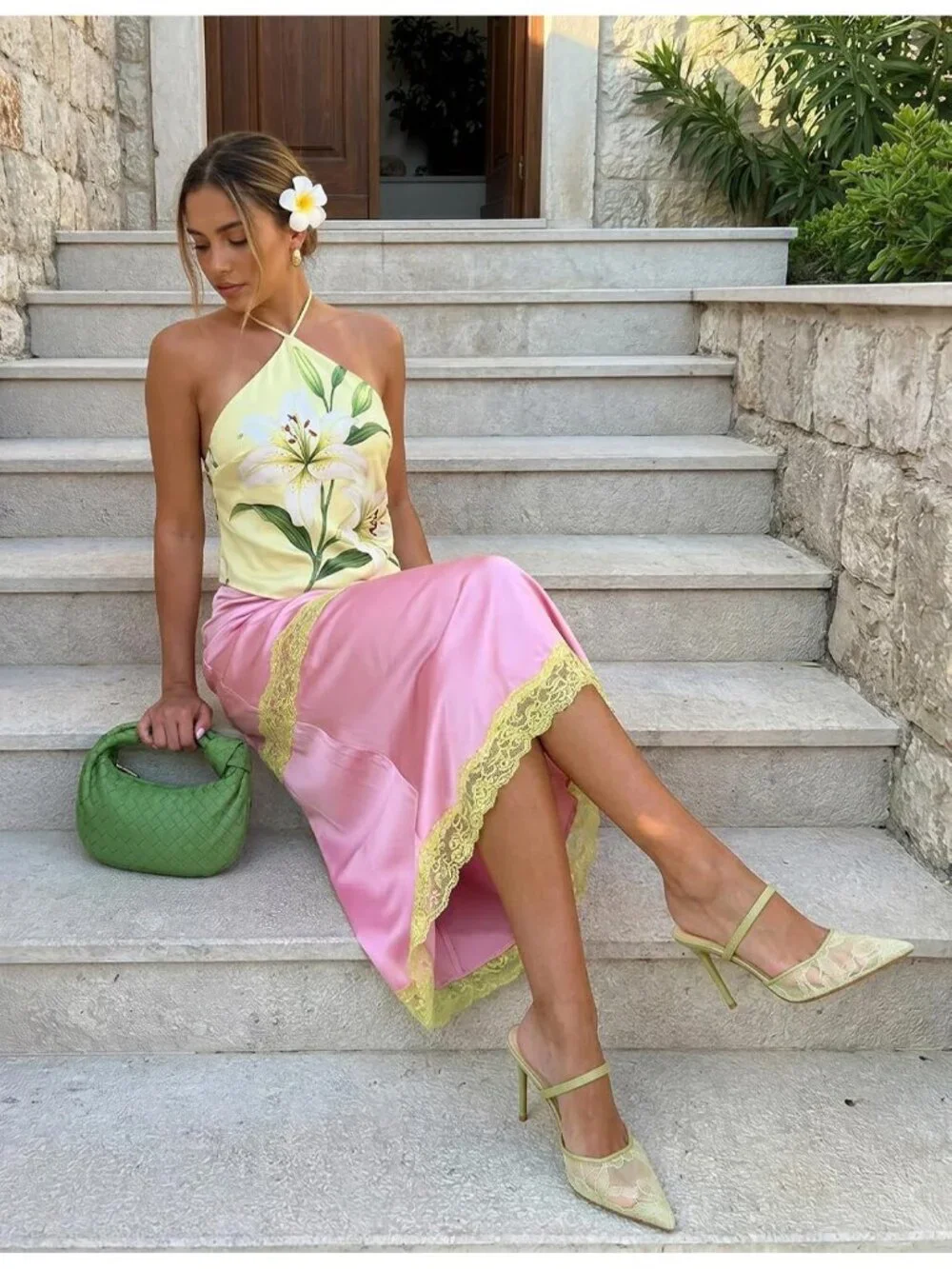 Women's Green Lace Pointed Toe Slingback Stiletto Pumps Slip On Heel Mule Shoes
